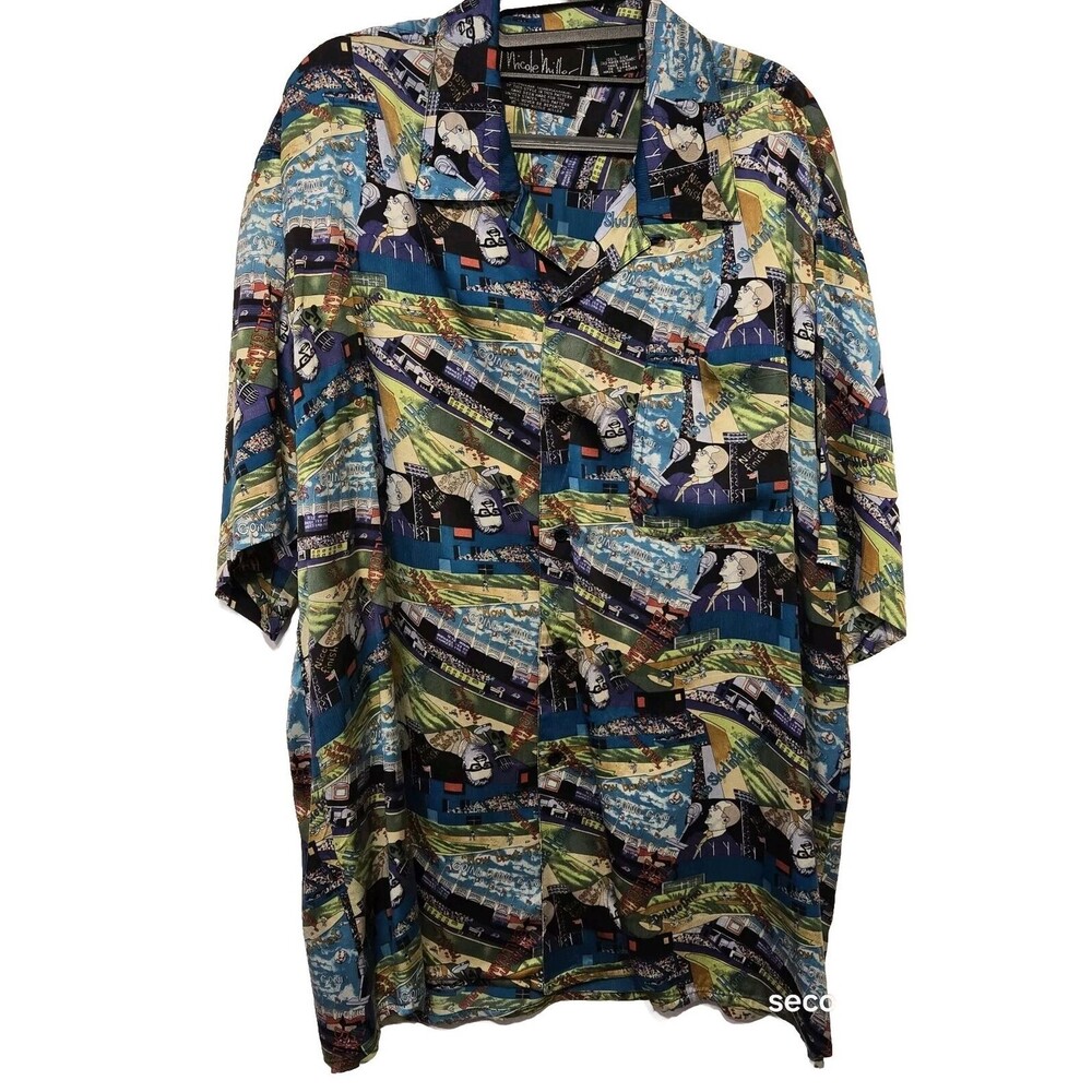 Rare Nicole Miller Silk Harry Carey Baseball Button Down Shirt Sz L